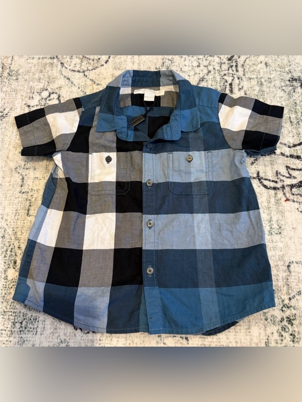 Burberry Blue Black White Plaid Button-Up Shirt 6-9 months nwot